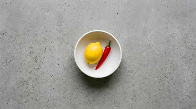 Fresh yellow lemon and red chili pepper in a white bowl on stone table