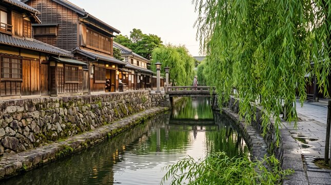柳が揺れる日本の伝統的な町並みと静かな水路の風景