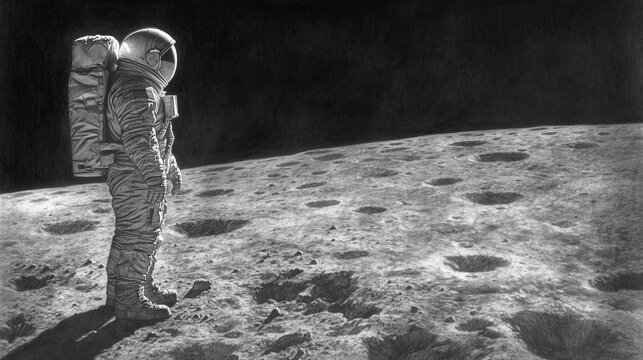 Astronaut stands on the moon, looking over a cratered landscape under a dark sky