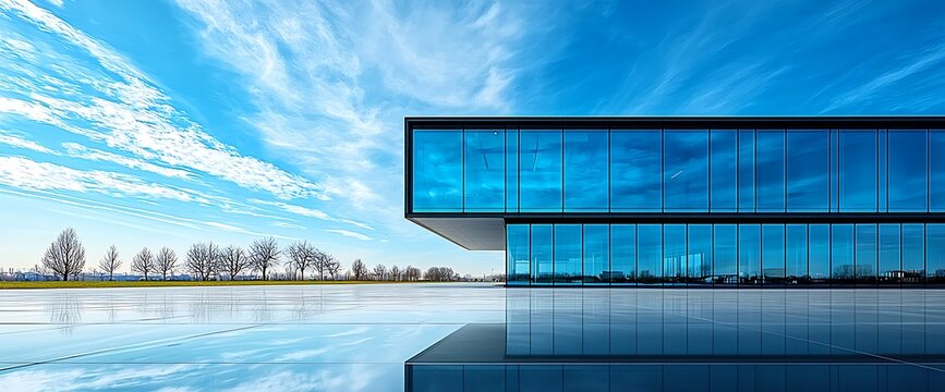 Modern glass building, winter landscape, reflection, corporate