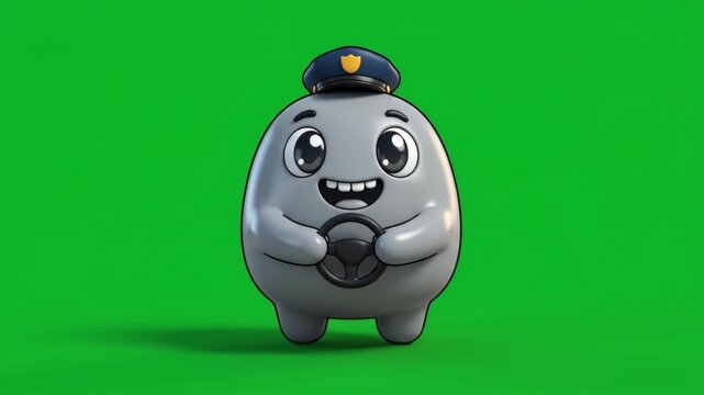 Cute cartoon character with a police hat holding a steering wheel on a green screen, ready for driving adventures.