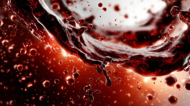 Red wine splashing in glass. Abstract flow of liquid with bubbles and droplets. Dynamic beverage movement in dark environment. Concept of luxury drink, celebration and freshness.