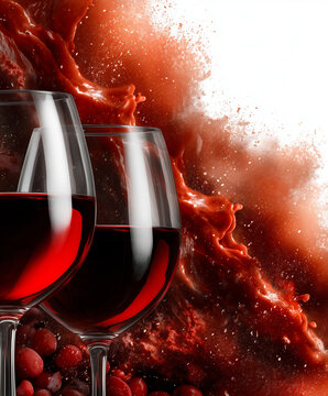 Two crystal glasses filled with red wine against background of splashing liquid. Luxury beverage concept. Celebration and romantic dinner drink for toast. High quality advertising image.