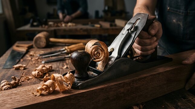Professional woodworker using a hand plane on timber in a workshop