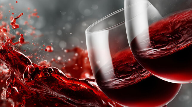 Red wine splashing from glass. Dynamic liquid movement and elegant beverage presentation. Concept of celebration, luxury alcohol, winery advertisement and culinary art for restaurant design.