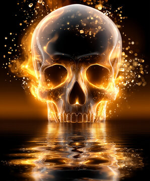 Glass skull burning in bright fire above dark water surface. Mystical glowing head with golden flame reflection. Conceptual art of death and magic for fantasy design background.
