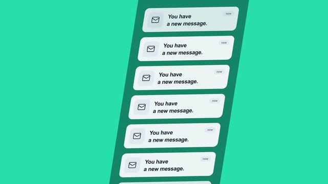 Mobile notification cards with hand-drawn wobbly sketch lines scrolling on teal background loop.