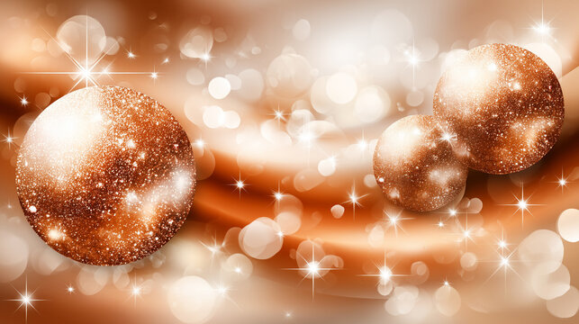 Christmas balls with sparkling glitter on abstract orange background. Festive holiday card design with glowing bokeh lights and stars. Seasonal celebration wallpaper and decoration.