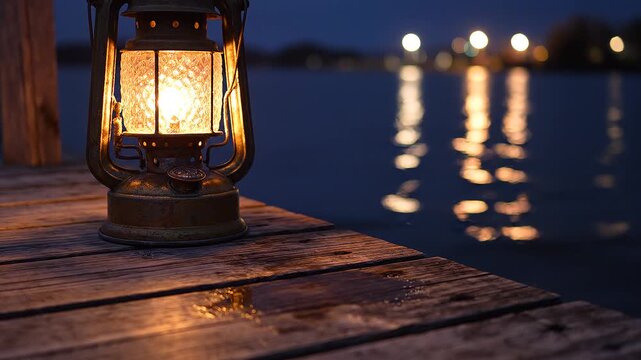 Vintage oil lantern glowing on a wooden dock at night
