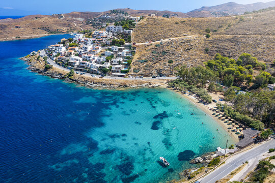 Aerial view of the popular beach of Gialiskari next to the village of Vourkari on Kea - Tzia island, Cyclades, Greece