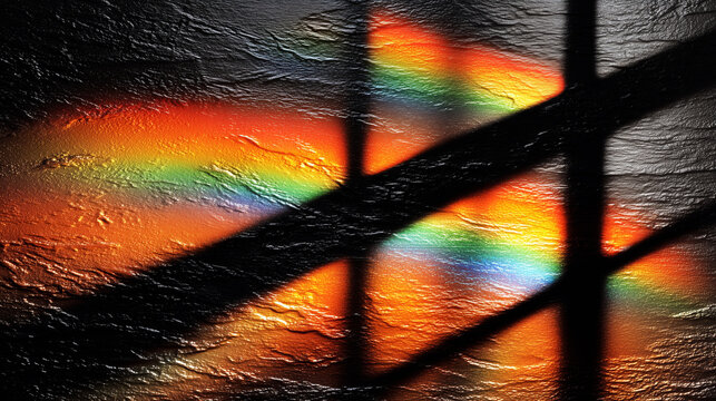 Colorful light refraction on dark textured stone surface. Abstract rainbow beam projection with long deep shadow. Optical physics phenomenon, light spectrum dispersion and contrast background.