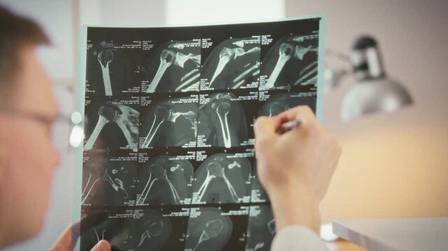 A doctor in a bright medical office scrutinizes MRI scans and X-ray images, pinpointing fracture details to secure an accurate diagnosis and devise a precise treatment plan using advanced imaging