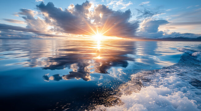 Beautiful sunrise over calm ocean water. Dramatic sky with golden sun rays reflecting on sea surface. Travel and nature background for inspiration, peace, serenity, and adventure concept.