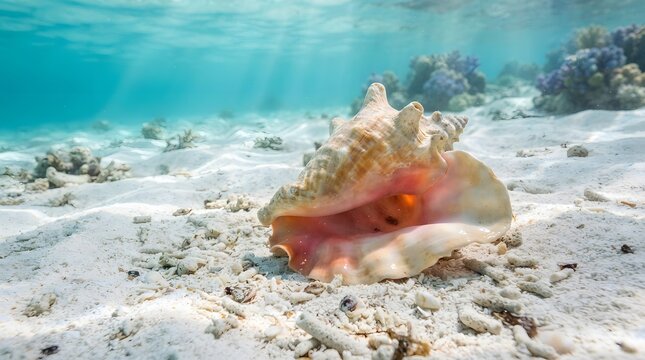 Queen conch shell resting on white sandy ocean floor in clear tropical shallow water
