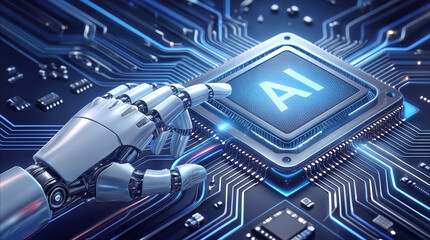 Fototapeta premium Robotic hand pointing at AI microprocessor on glowing circuit board. Artificial intelligence technology and hardware development concept.