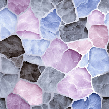 The pattern is in the form of a multicolored stone wall with an uneven stone texture. Decorative masonry made of pink, blue and gray granite blocks. Abstract architectural design.