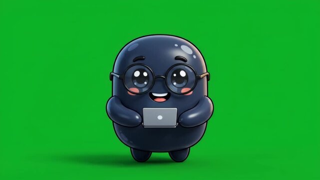 Cute cartoon character with glasses holding a laptop on a green screen background.