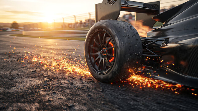 Race car tire spinning with sparks on track during sunset friction motorsport performance automotive competition traction acceleration intensity