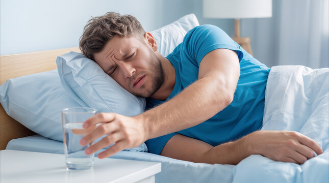 Man reaching for glass of water while lying in bed. Sick person suffering from headache or fever in bedroom.