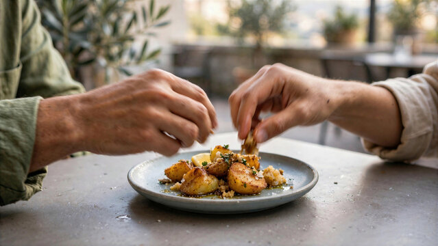 Close-up of hands sharing a plate of mediterranean roasted potatoes with herbs and lemon on a sunny outdoor terrace.