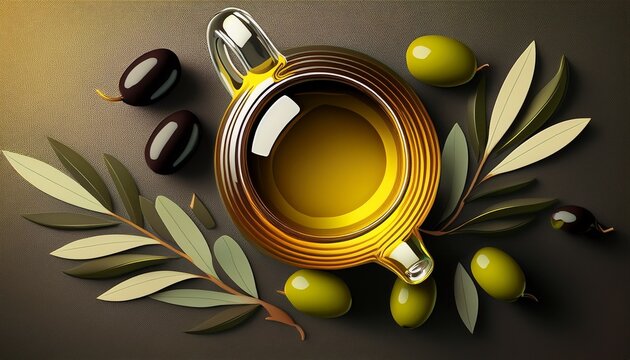 jug with olive oil olives and leaves top view generative ai