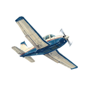 Single engine blue and white airplane flying high with spinning propeller blades on transparent background