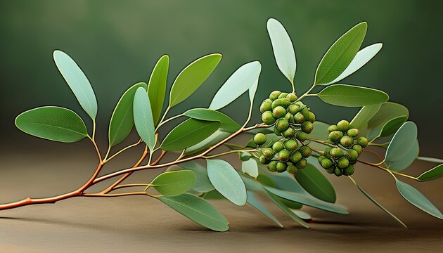 fresh eucalyptus twig branch with green seeds used in bouquets as well as for essential oils for cosmetics and perfumery generative ai