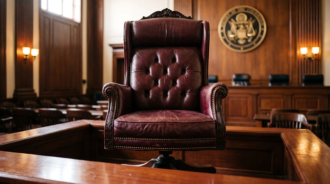 Empty judicial chair in a wooden courtroom with a seal on the wall behind courtroom interior judiciary government official authority litigation legislation