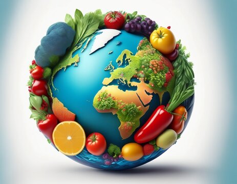 vibrant earth globe with fresh fruits and vegetables white background