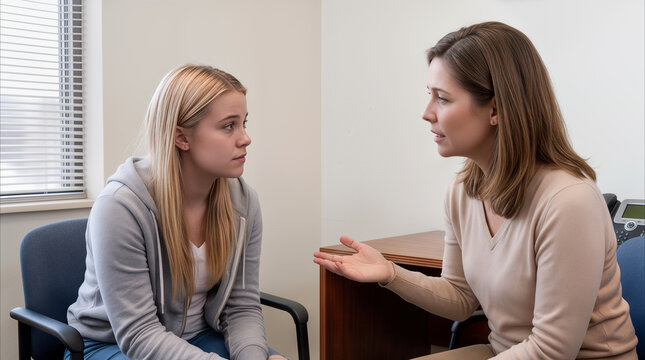 School counselor talking to teenage girl in private office. Academic guidance and mental health support session for high school student.
