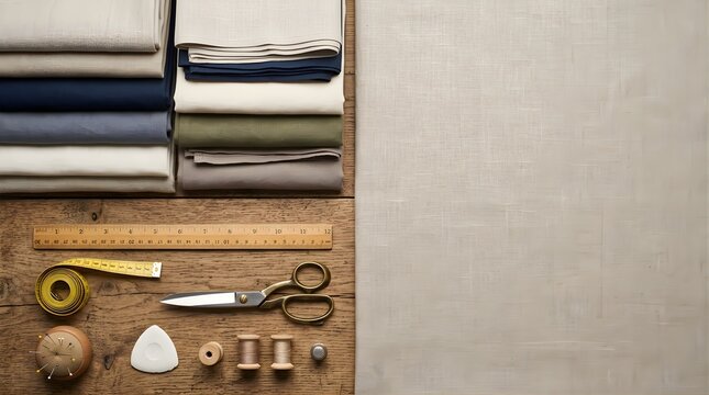 Tailoring tools and fabric stacks on rustic wooden table background