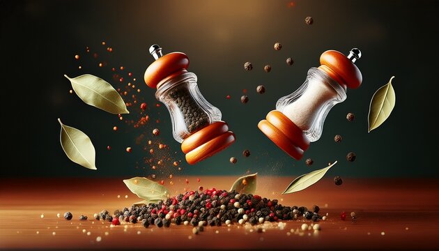 two spice mills with peppercorns and bay leaves flying grinder for spices salt and pepper shakers levitation generative ai