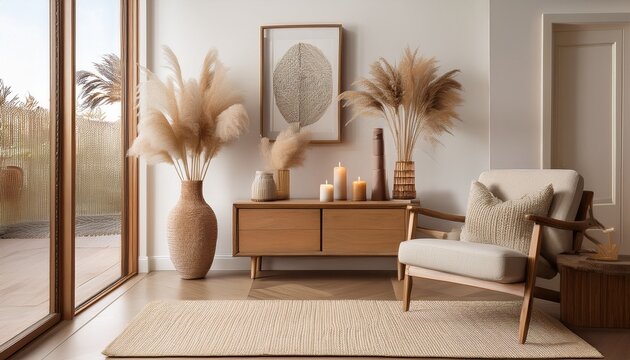 eclectic home entryway with console table various framed art pieces pampas grass in vase candle and cozy armchair natural textures and neutral palette
