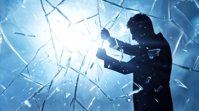 Businessman silhouette breaking through glass wall. Overcoming obstacles and achieving breakthrough in corporate career.