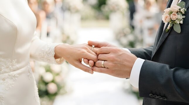 Groom placing wedding ring on bride finger during outdoor marriage ceremony