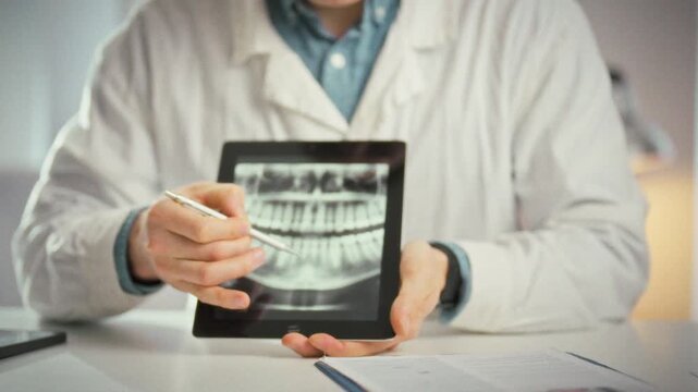 A tablet showing a panoramic X-ray rests on a table in a bright office, a doctor in a white coat leans over with a patient, pointing out problem areas and discussing treatment options
