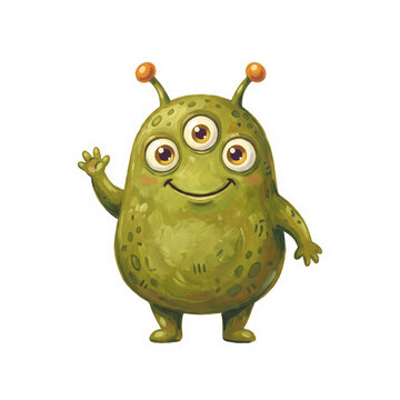 Friendly green alien waving hello featuring a round body and three eyes on transparent background