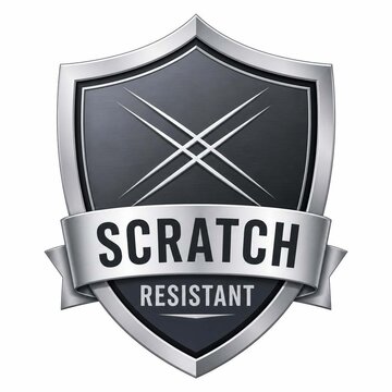 Scratch resistant metallic shield badge icon isolated on white background for product durability protection coating guarantee symbol