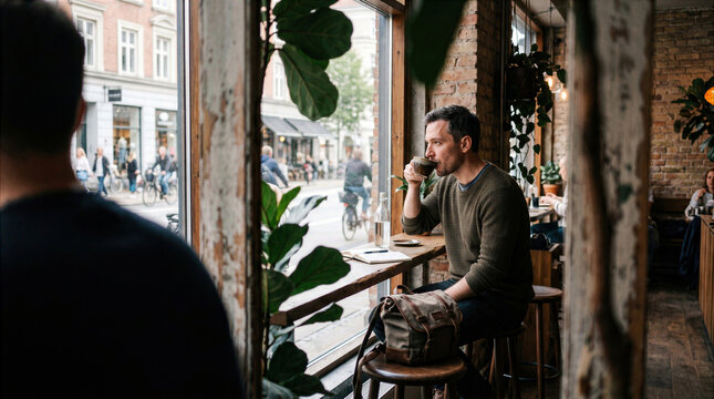 Man in green sweater drinking coffee at cafe window seat overlooking busy city street