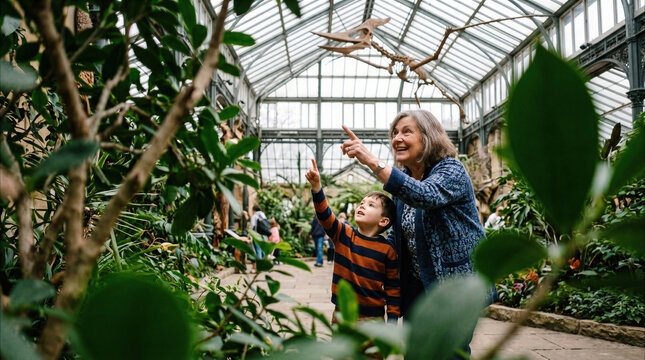 Senior Woman and Young Boy Looking at Dinosaur Skeleton in Conservatory Botanical Garden