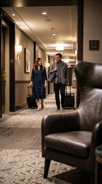 Couple Walking Through Modern Hotel Corridor with Luggage