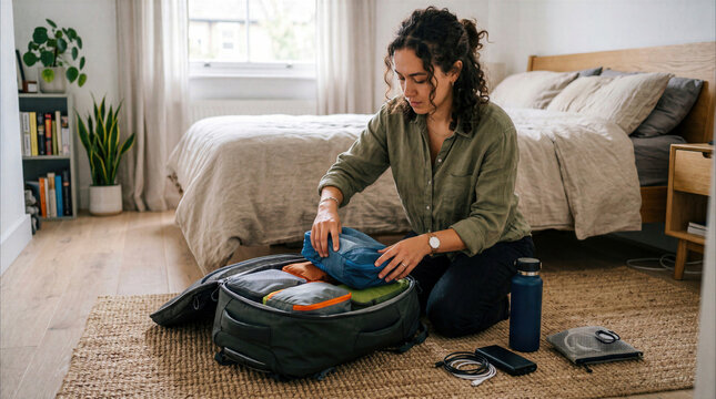 Woman packing clothes into travel organizer cubes inside an open backpack in a bedroom