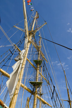 Low-angle view looking up at tall sailing ship masts, spars, ropes and rigging against a clear blue sky.