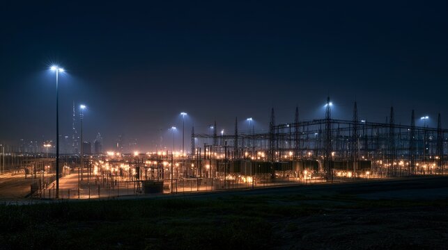 Wind turbines and transmission lines across renewable energy landscape