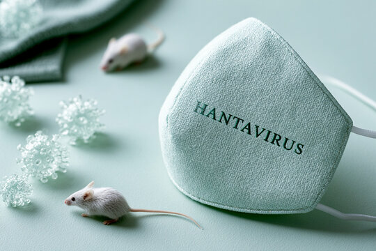 Hantavirus concept with mice, protective mask, and virus particles on a pale blue background.