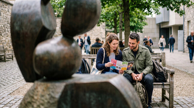 Young couple sitting on a bench reading a city map at a historic plaza in Oxford
