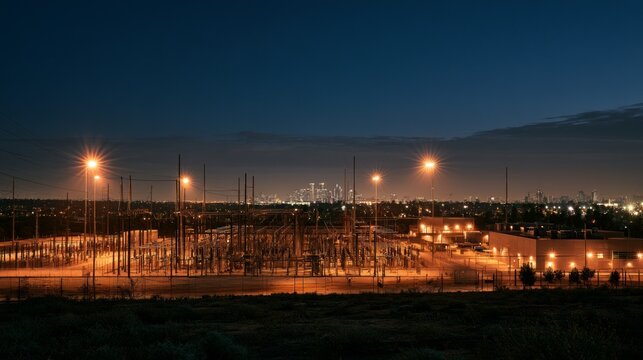 Wind turbines and transmission lines across renewable energy landscape