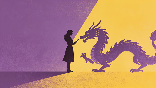 Silhouette of warrior facing fierce purple dragon in sunset gradient battle scene