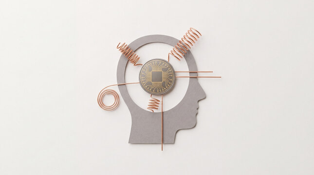 Artificial intelligence conceptual head silhouette with copper