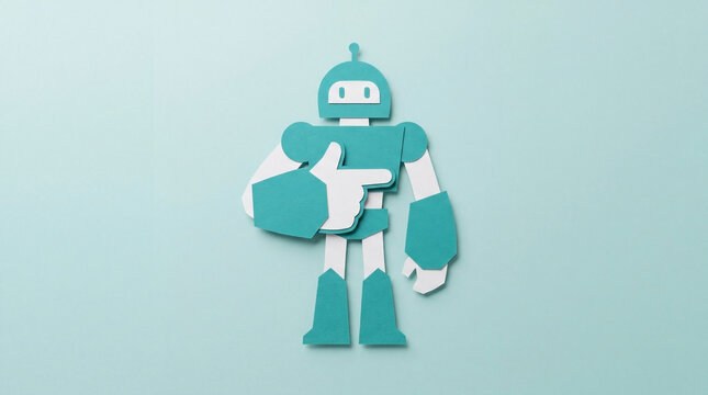Teal robot character pointing finger papercraft art with character
